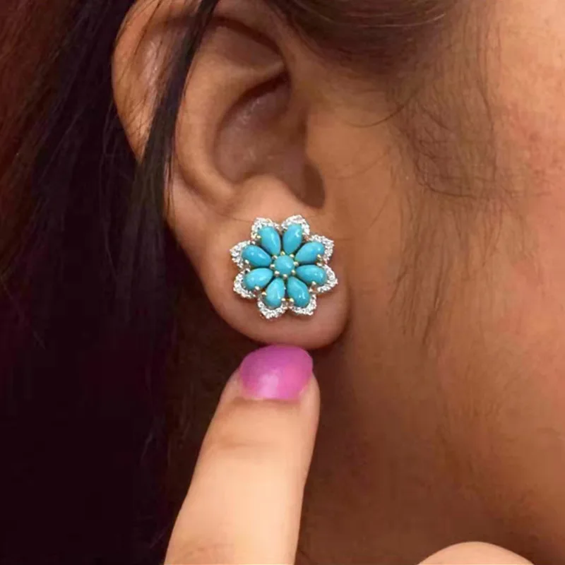 Boho Vintage Turquoise Stud Earrings for Women Snow Flower Earring Bridal Wedding Valentines Day Gift Jewelry Pendientes Mujer