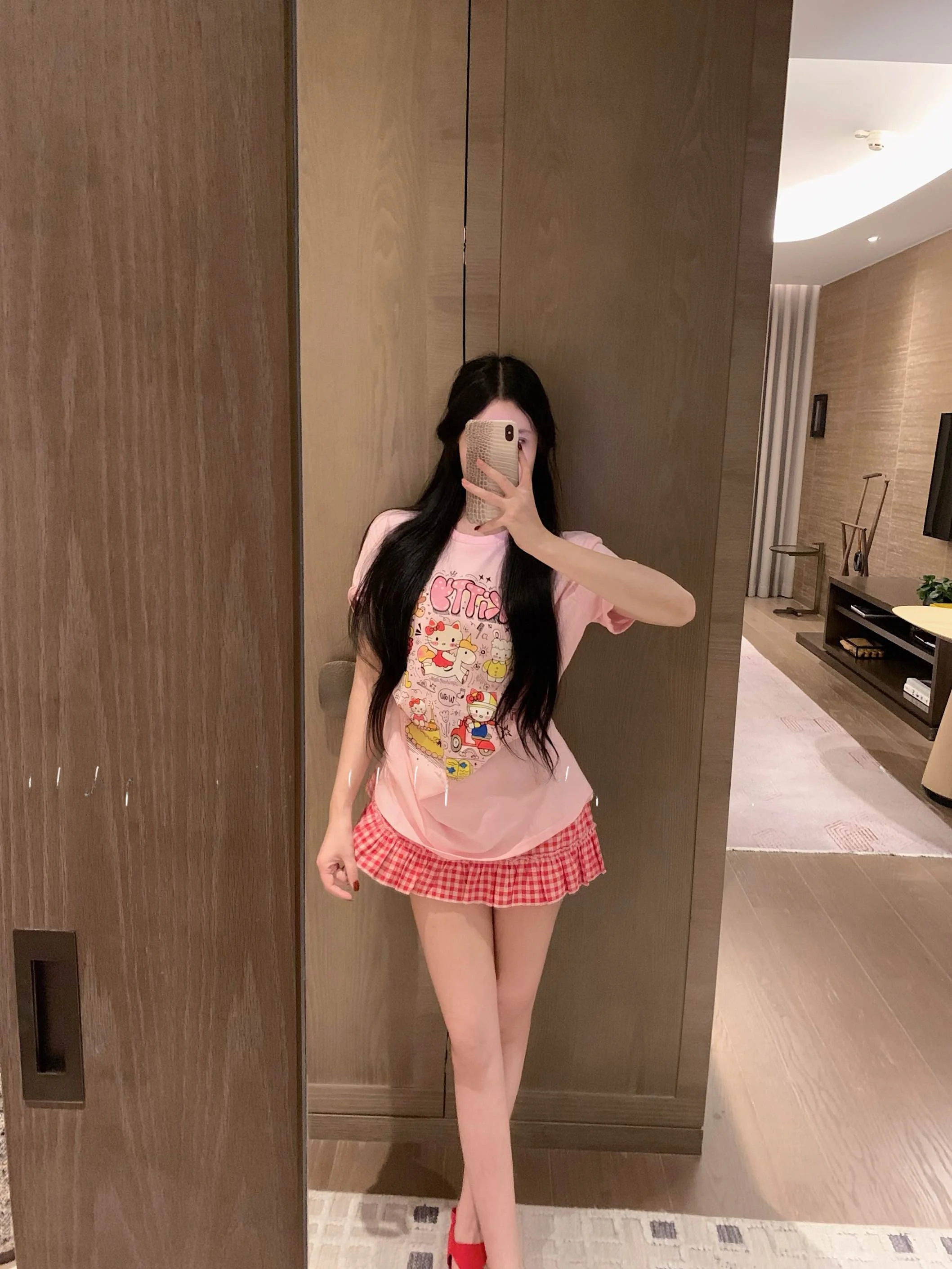 

Korean Style Cartoon Kitty Theme Print Short Sleeve Mid-Length T-Shirt Women's Sweet Style round Neck Half Sleeve Top