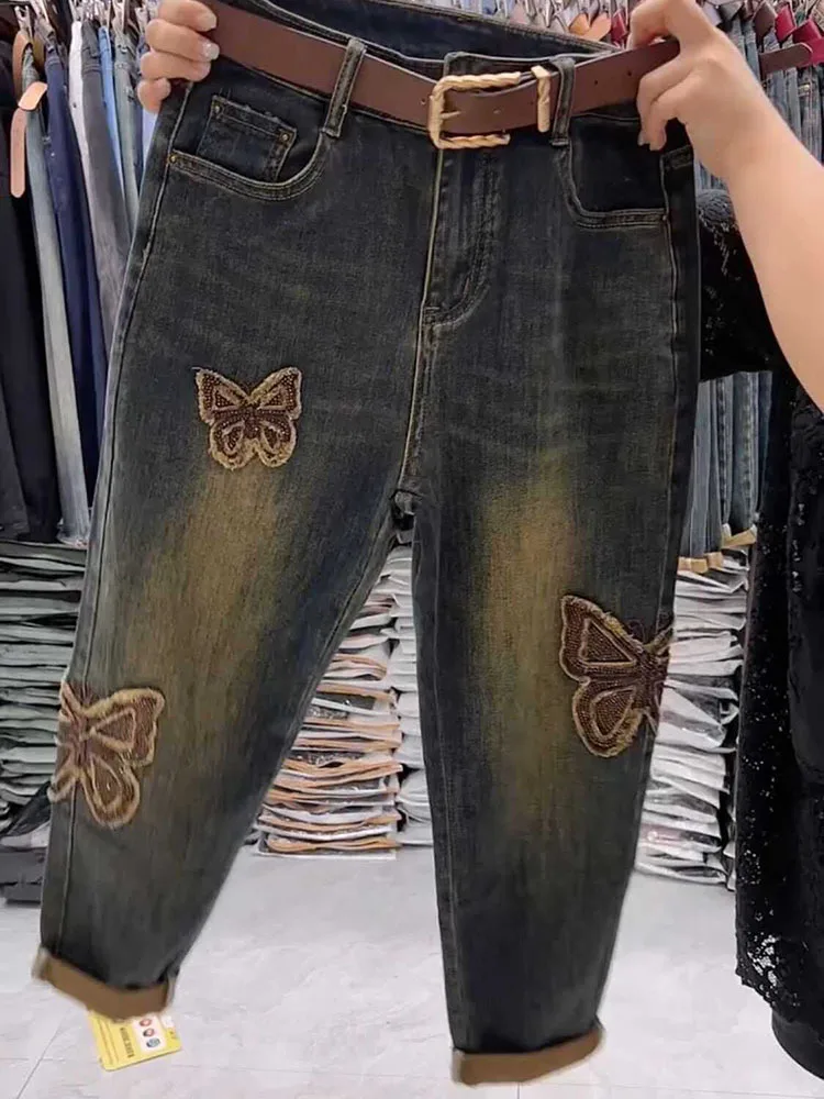 2024 Spring Summer European Goods Heavy Industry Embroidery Diamond Butterfly High Waist Thin Straight Wide Leg Trousers Women