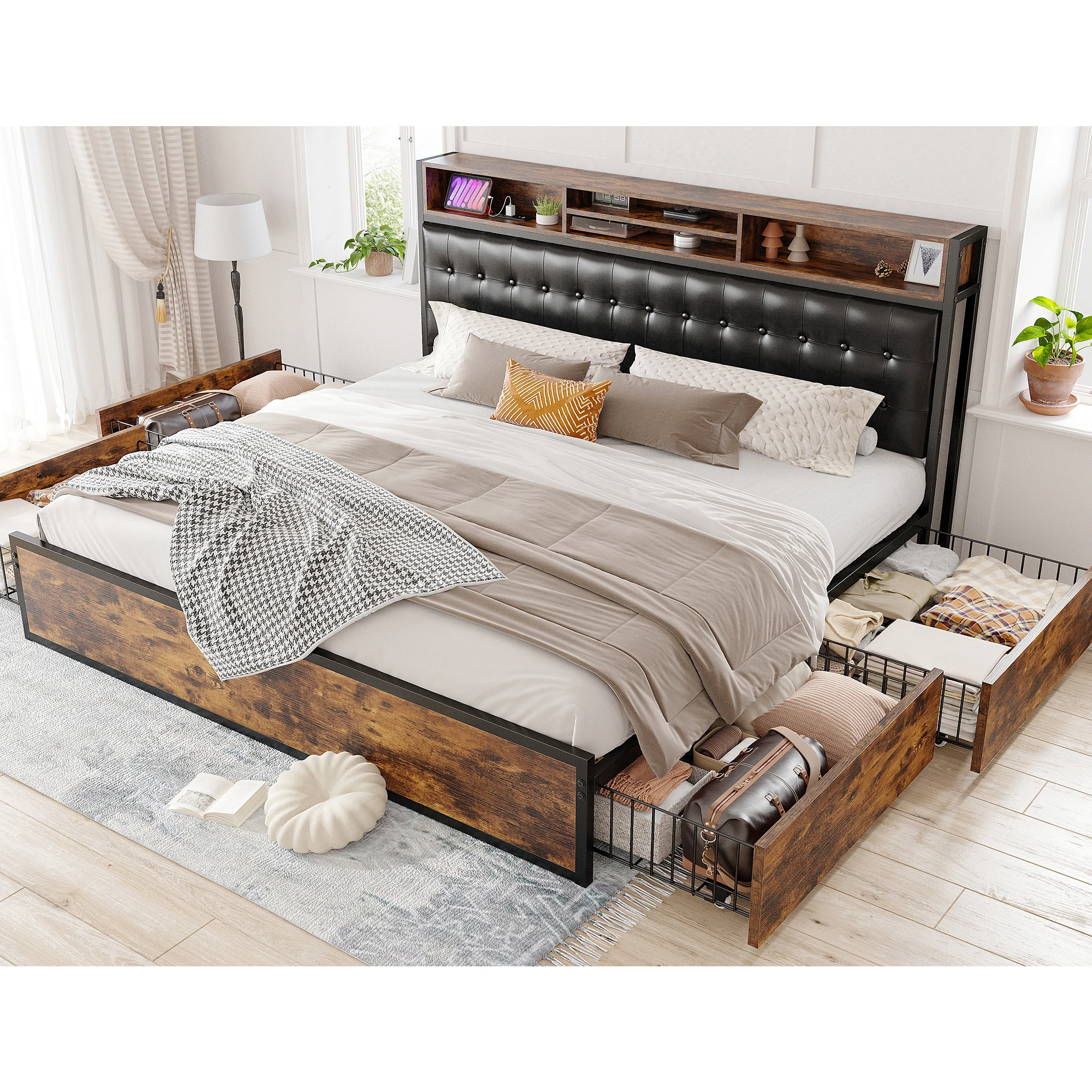 EnHomee Metal Bed Frame with 4 Storage Drawers & Charging Station Headboard Upholstered Platform Bed Frame with Upholstered Headboard No Noise image 5