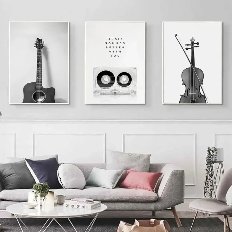 Black and White Music Prints Retro Vinyl Record Guitar Poster Wall Art Canvas Painting Nordic Picture for Living Room Home Decor view 3