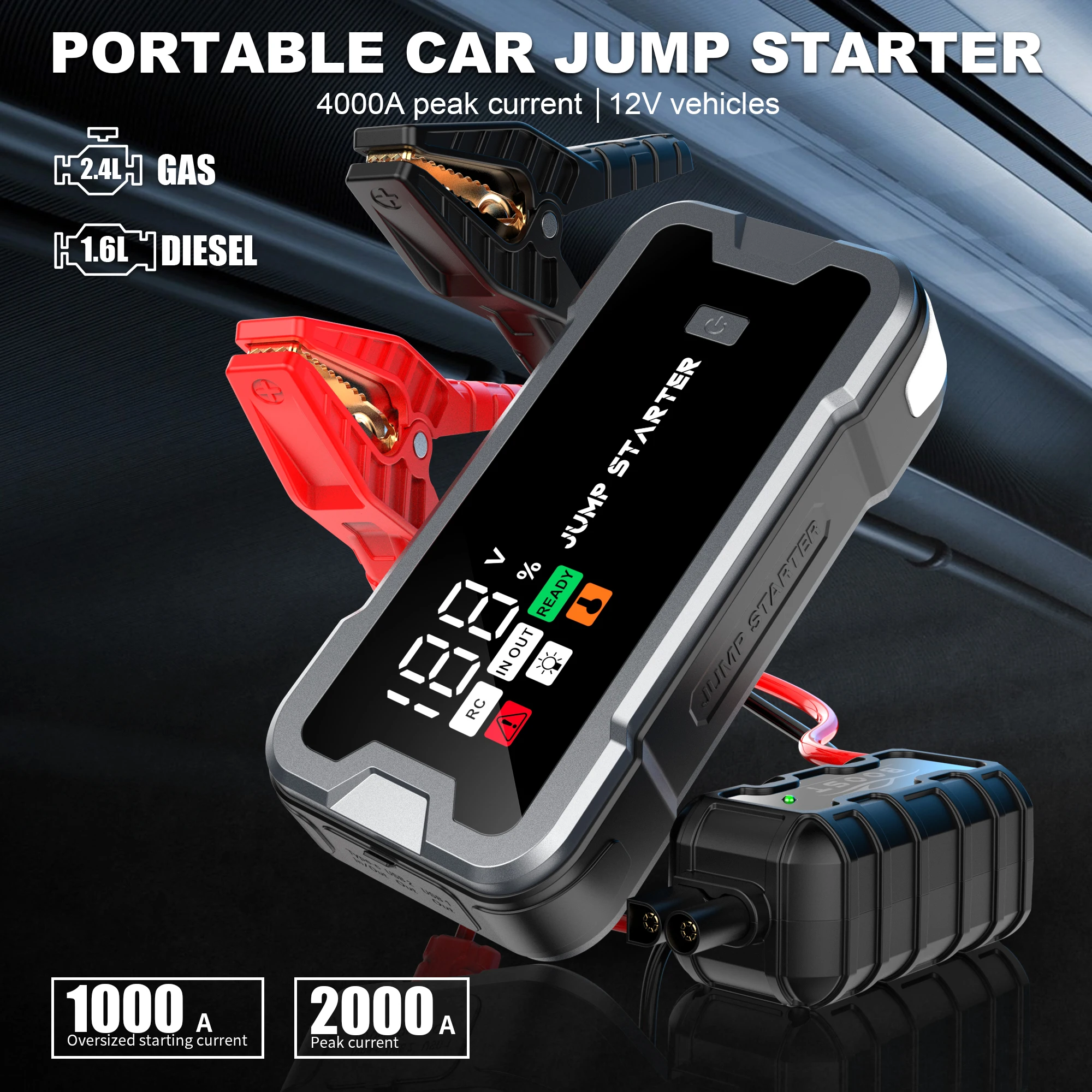 4000A Car Jump Starter ,Portable Car Battery Jump Starter,12V Jump Box Battery Pack with Boost LED Light and Jumper Cables view 3