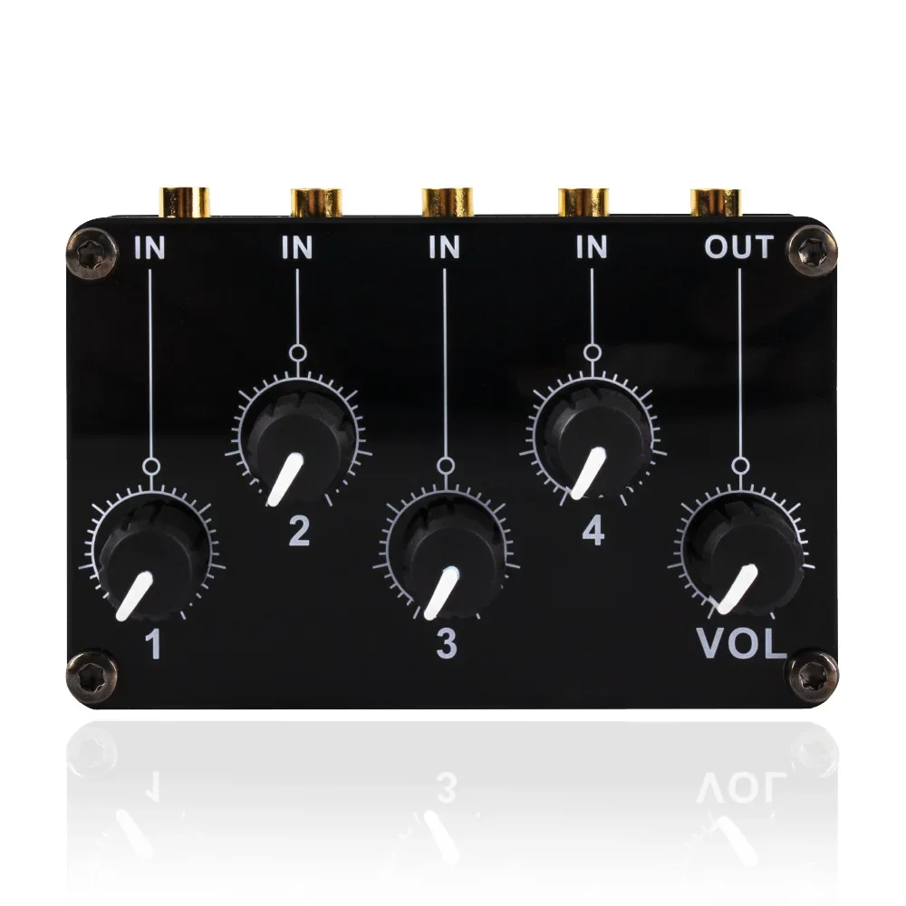 Mini 4 canais Stereo Line Mixer, Live Studio Recording, baixo ruído, pequeno e sofisticado Mixer passivo, 4in 1