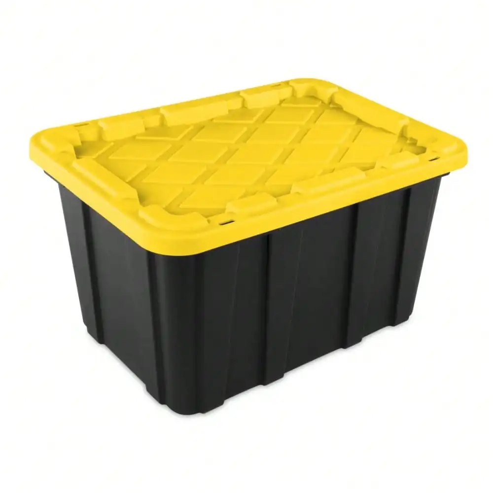 Contenedor grande de plástico de 27 galones con tapa, contenedor negro y amarillo para organizar el hogar, el garaje, la oficina y el armario
