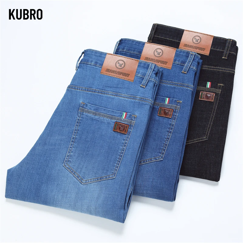 KUBRO Men Classic Jeans Jean Homme Pantalones Hombre Men Four Seasons Business Soft Black Biker Masculino Denim Pants Rozmiar 32-38