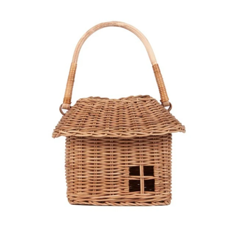 

Women's House Shape Top Handle Woven Rattan Bag Bohemian Summer Beach Vacation Kids Photo Prop Toy Storage