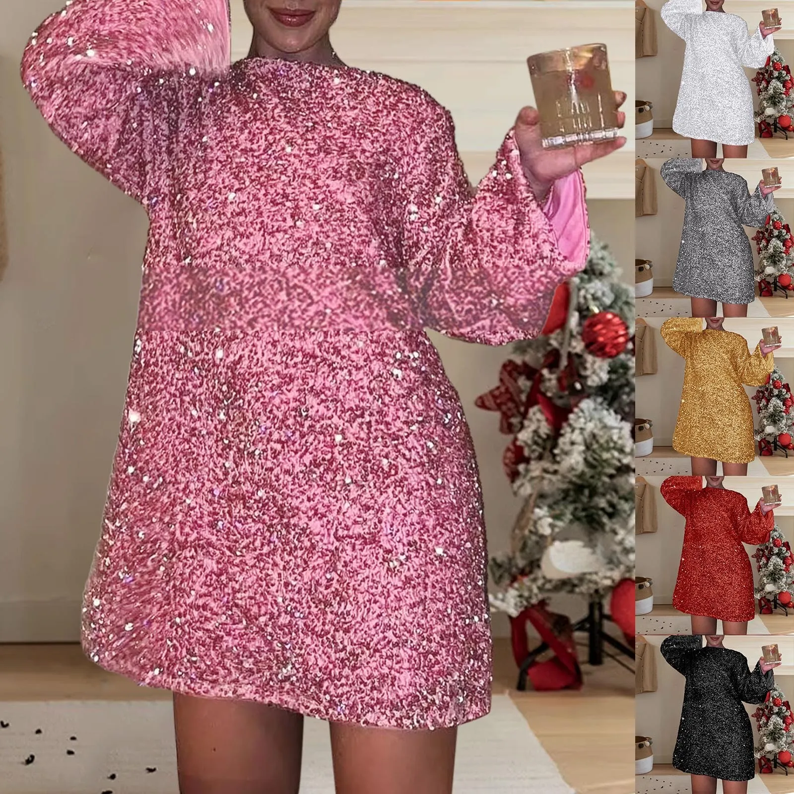 Fashion Gold Bow Sequins Mini Dress Women 2024 Long Sleeve Fall Sexy Loose Birthday Party Short Dresses Elegant Vestidos