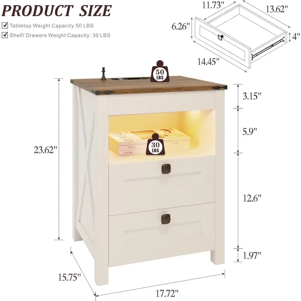 Night Stand with Drawer, Farmhouse Bedside Table with Charging Station, Gun Nightstand with LED Light