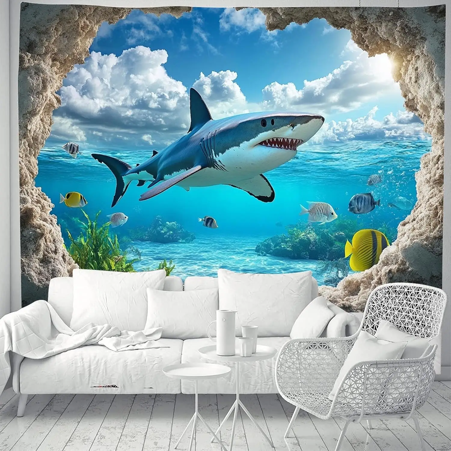 Underwater Shark Tapestry – Blue Ocean, Coral & Tropical Fish in Sunlit Abyss for Bedroom, Living Room or Kids’ Decor