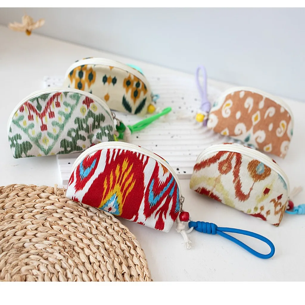

Bohemian Floral Print Canvas Coin Purse Mini Zippered Pouch for Women Small Storage Bag with Wrist Strap Money Pouch