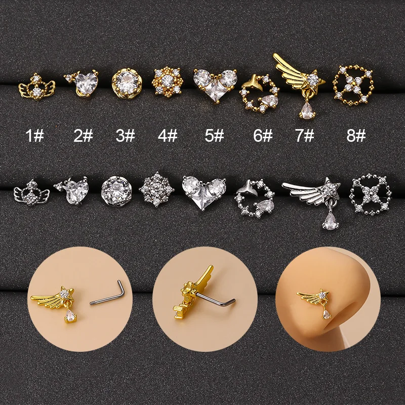 1 Piece Fashion Nose Piercing Jewelry 20G Stainless Steel Zircon L Shape Nose Stud Ring for Women Heart  Angel wings Nose Studs