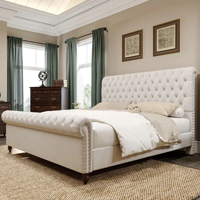 Cream Wind Double Bed Velvet Bedroom High Back Button Wedding Bed