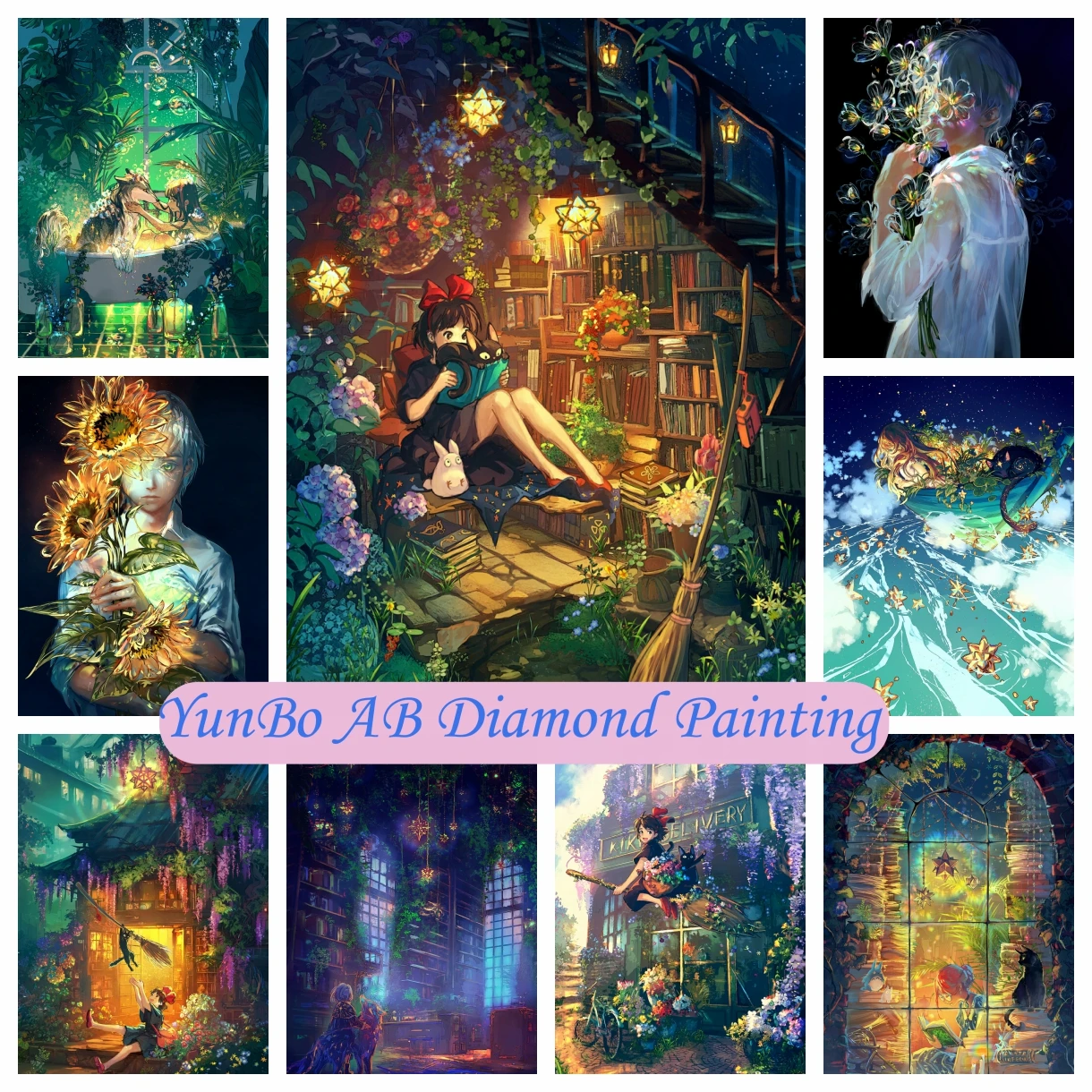 Dreams Cartoon Witch Girl 5D DIY AB Diamond Rhinestone Painting Sunflower Cross Stitch Kit Bathtime Stair Mosaic Cozy Home Decor