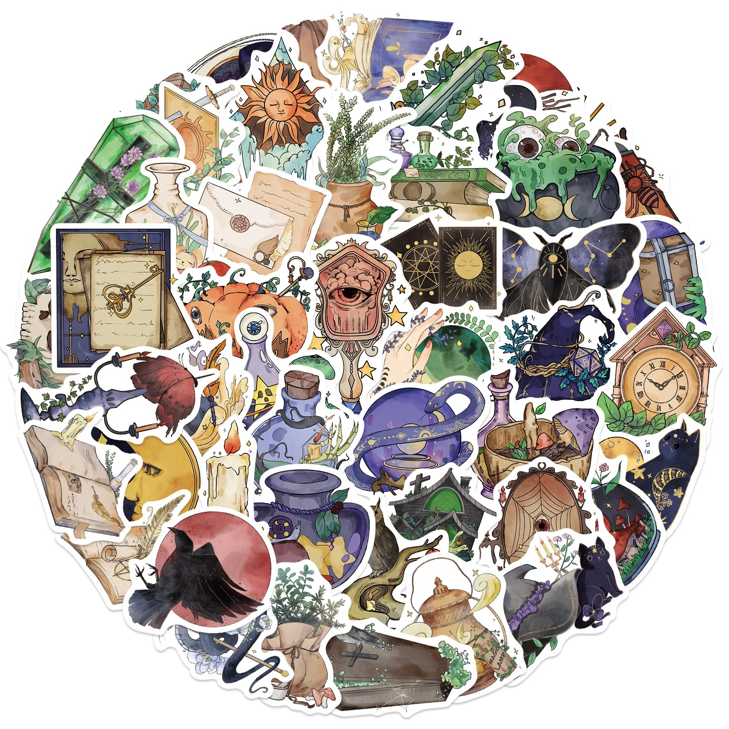 Autocollants de dessin animé de sorcière aquarelle, 50 pièces, imperméable, Graffiti magique noir, décoration, carnet de notes, tasse d'eau Mobile, téléphone, jouets de vélo
