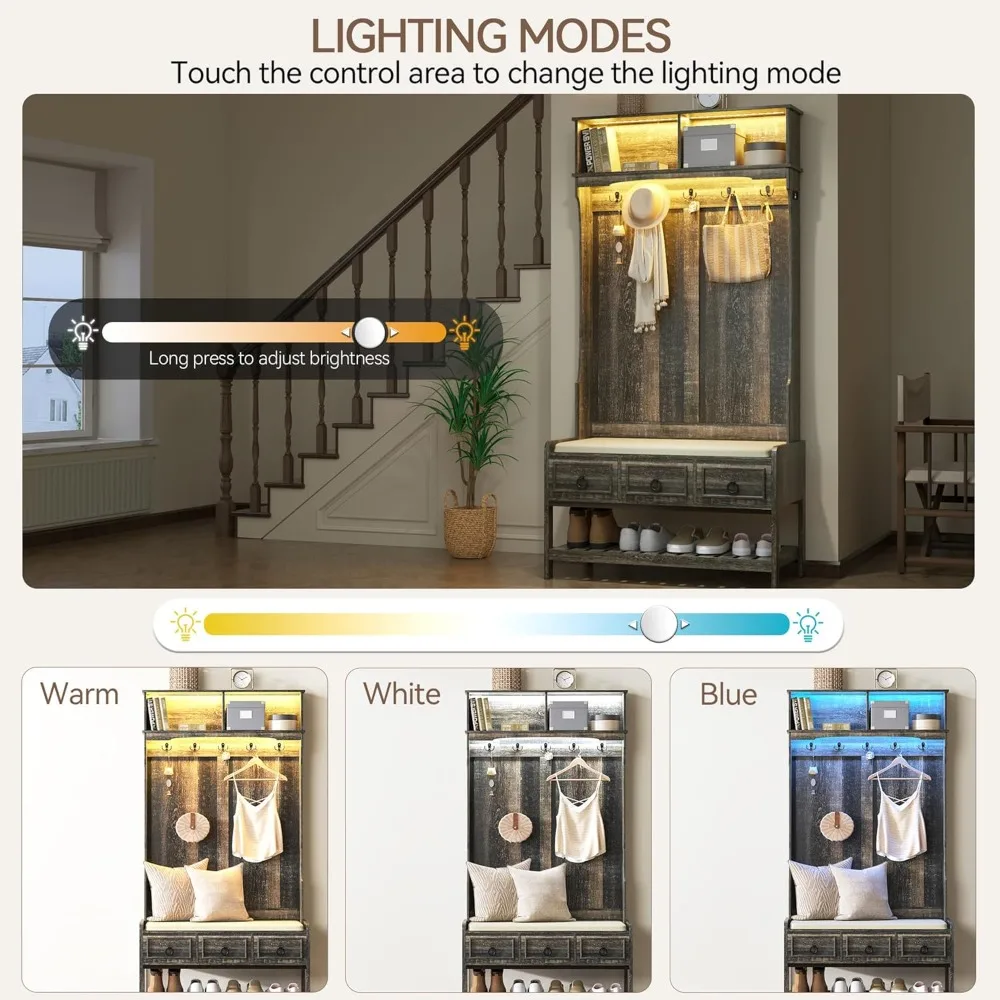 "مقعد مدخل على طراز المزرعة مقاس 67 بوصة مع مساحة تخزين للأحذية، ورف معطف خشبي بمستشعر تلقائي، وإضاءة LED"