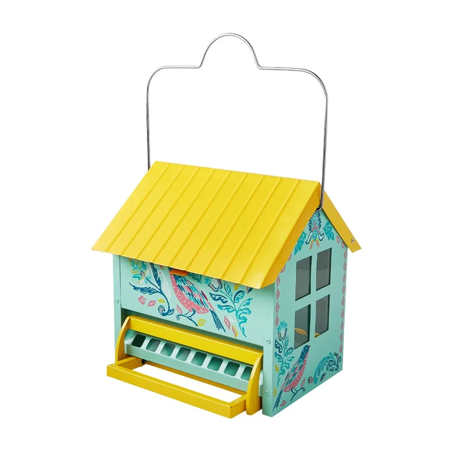 Comedero para Pájaros Metálico Anti-Ardillas Bird Ogee de 5.5QT, Color Verde Azulado y Amarillo