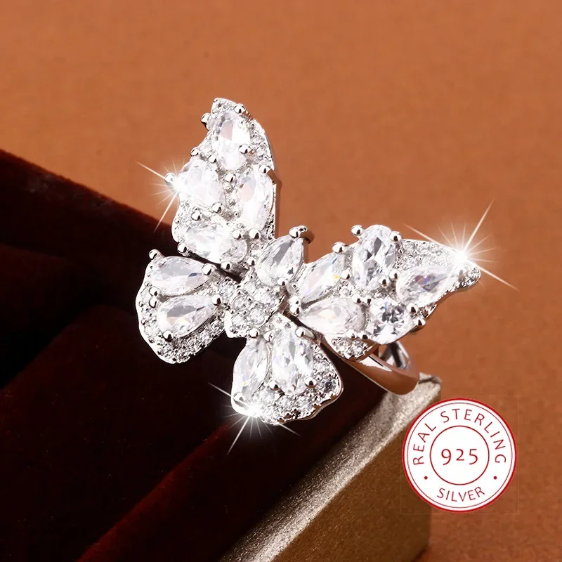 925 Silver Luxury Full Diamond Shiny AAA Zircon Butterfly Ring Elegant Women's Ring Adjusted Bow Jewelry Anniversary Gift