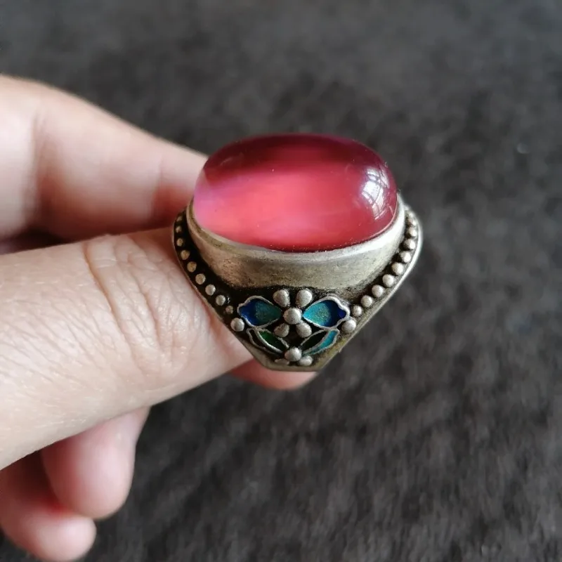 Vintage Tibetan Silver Ring with Color-Changing Ruby, Antique Patina, Adjustable Band, Ethnic Collectible Jewelry