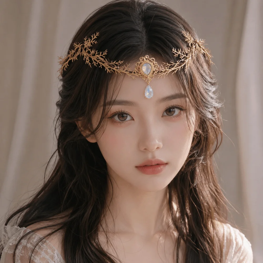 Moon Flower Elven Crown Green Gemstone Renaissance Bridal Forehead Chain Gemstone Vintage Branch Leaf Headpiece Wedding