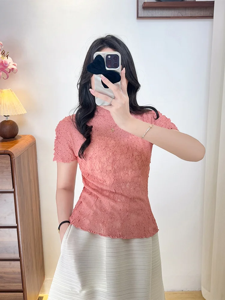 Slim Fit Texture Short Sleeve Crew Neck T-Shirt Summer Fashionable Bunching Design Zipper Style Commute Wind Pure Color Top