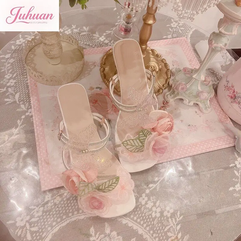 Original Fairy Design Flower Butterfly Rhinestone Cool Slippers Ladies 2025 Summer New Versatile Casual Fashion High Heel Women