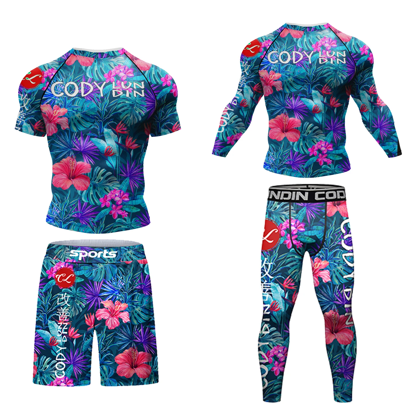 Chie Lundin-Camiseta y pantalones de Fitness con estampado de flores para hombre, ropa deportiva para gimnasio, BJJ, boxeo, correr, MMA, Rashguard, Jiu JitsuShorts
