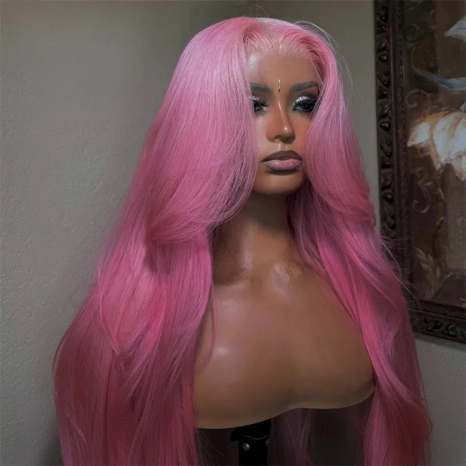 Pastel Pink 13X4 Transparent Invisible Lace Front Wigs Synthetic Heat Resistant Fiber Pre Plucked  Body Wave Wigs Coplay Party