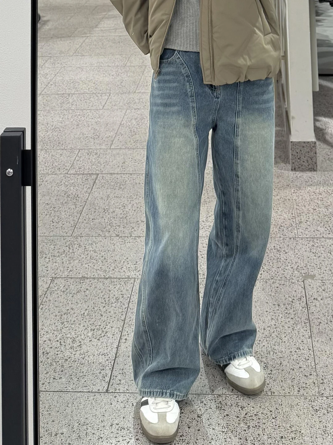 

Blue Slanted Cut Flared Jeans Men's Autumn Winter American High Street Vibe CleanFit Wide Leg Knife Pants