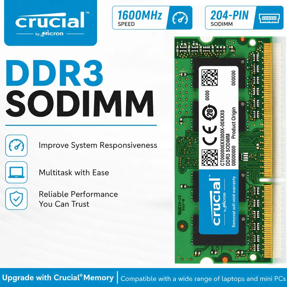 Mémoire RAM Crucial pour ordinateur portable DDR3L DDR3 8 Go 4 Go 1066 1333 1600 MHz SO-DIMM PC3-8500 PC3-10600 12800 14900 1,35 V 1,5 V RAM pour ordinateur portable