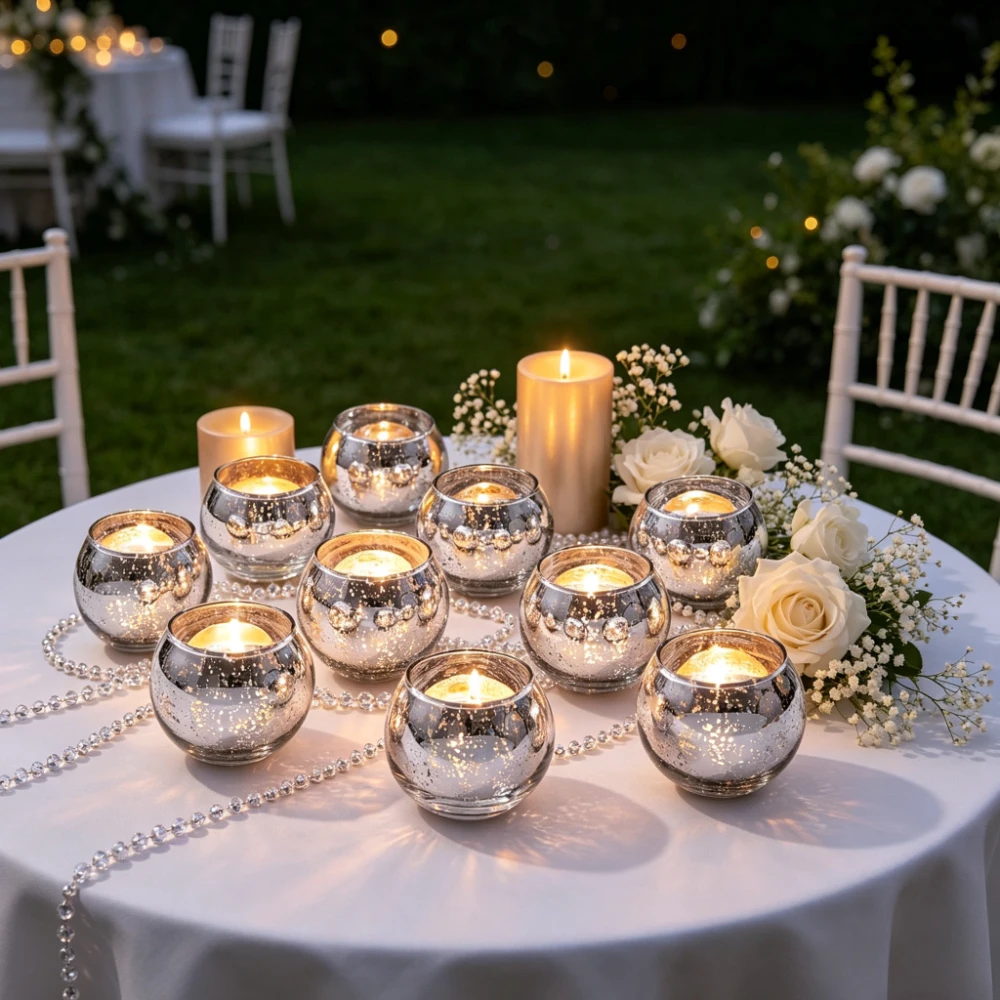 European Style Round Mercury Glass Tealight Holders Speckled Votive Candle Cups Aromatherapy Cup Outdoor Wedding Decoration