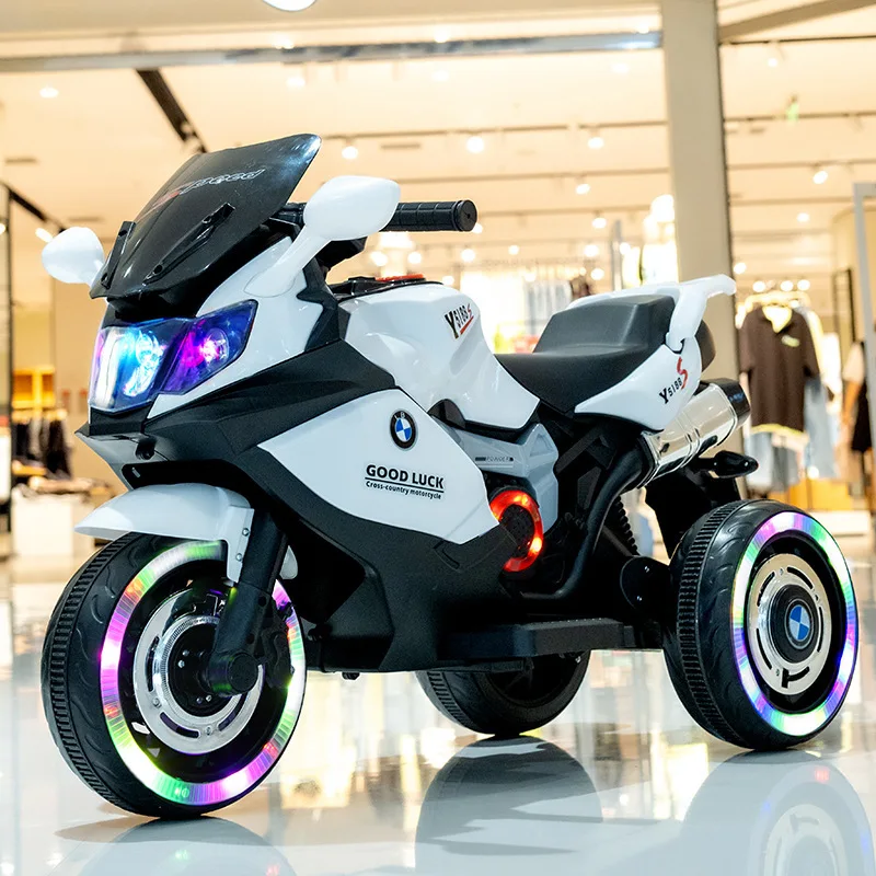 Motocicleta eléctrica para niños, bicicleta de juguete de tres ruedas con luces LED y música, Control remoto, gran potencia, marco antivuelco