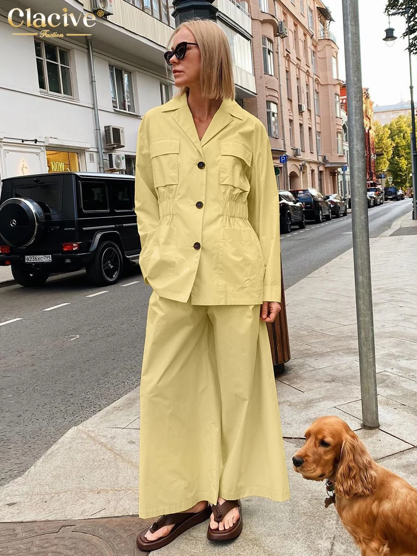 

Clacive Fashion Loose Yellow Cotton Pants Sets For Women 2 Pieces Elegant Long Sleeve Shirt With High Waist Wide Trousers Suits