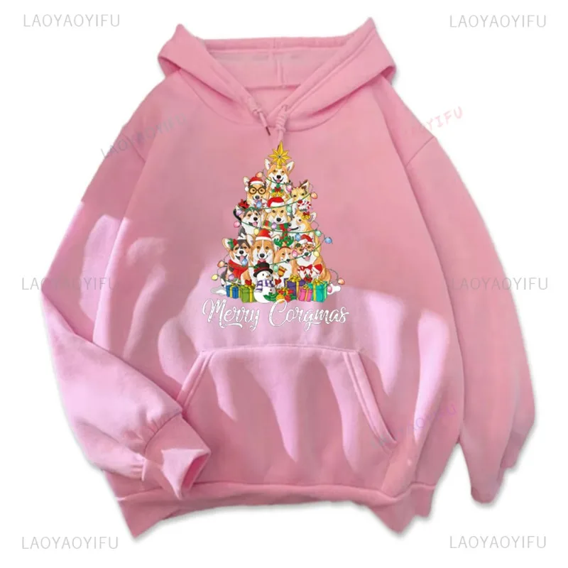 Kawaii Corgi Dog Lover Christmas Tree Printing Hoodies Merry Christmas Vintage Streetwear Christmas Gift Comfort Warmth Hooded