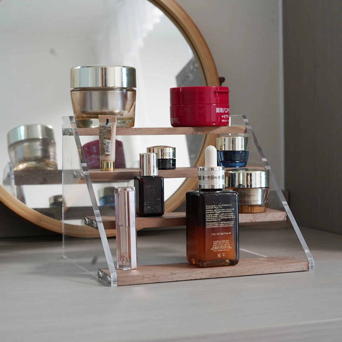 

4 Layers Acrylic Display Console Clear Storage Rack Figure Ladder Showcase Wooden Display Stand-Organizer for Home Household