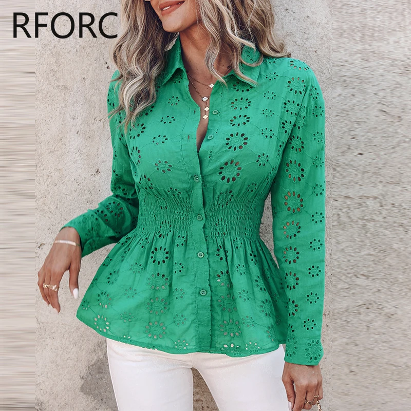 2024 Women Long Sleeves Hook Flower Hollow Button Turn Down Neck Ruffle Hem Blouse Shirt Top