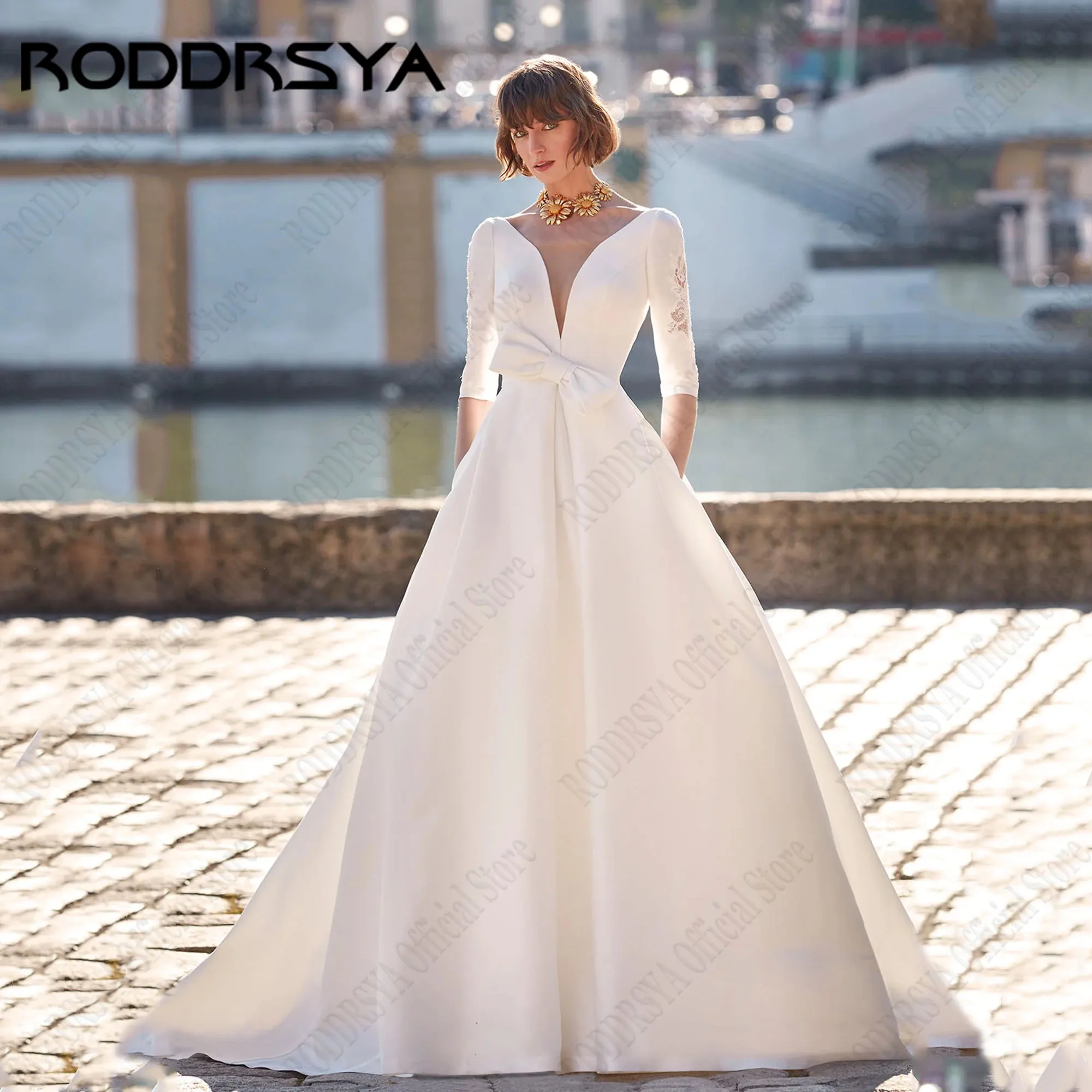 

RODDRSYA Classic Satin Wedding Dresses Half Sleeve A-Line Appliques Bow vestidos de novia V-Neck Backless Bride Gowns Customized