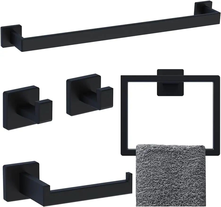  Bathroom Hardware Accessories Set 5 Pieces Matte Black Towel Bar Set Wall Mounted Stainless Steel 23.6-Inch