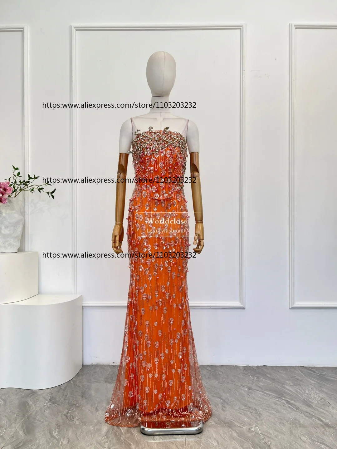 

Orange Sequins Beading Sleeveless Backless Tube Maxi Dresses for Party