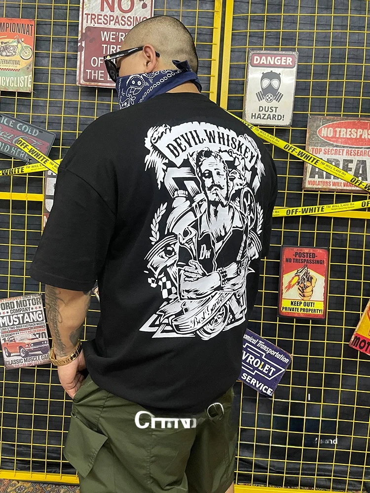 Nuclear Explosion Mechanic Large Scale Back Print Pure Cotton Heavyweight Shoulder Sleeve Large Size Black White Couple Short...