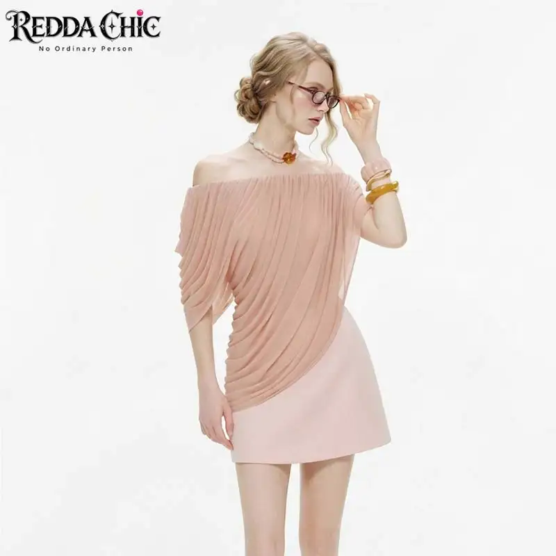 REDDACHiC One Shoulder Top Skirt Two-piece Set Women Elegant Mini A-line Satin Skirt Draped Mesh Gathered Cloak Top Work Costume