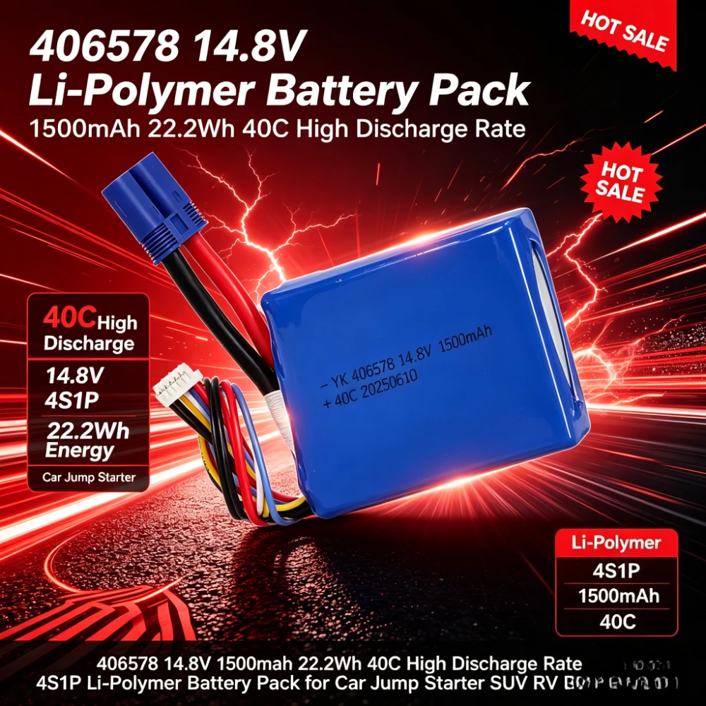 406578 14.8V 1500mAh 22.2Wh 40C High Discharge Rate 4S1P Li-Polymer Battery Pack for Car Jump Starter SUV RV Power Bank