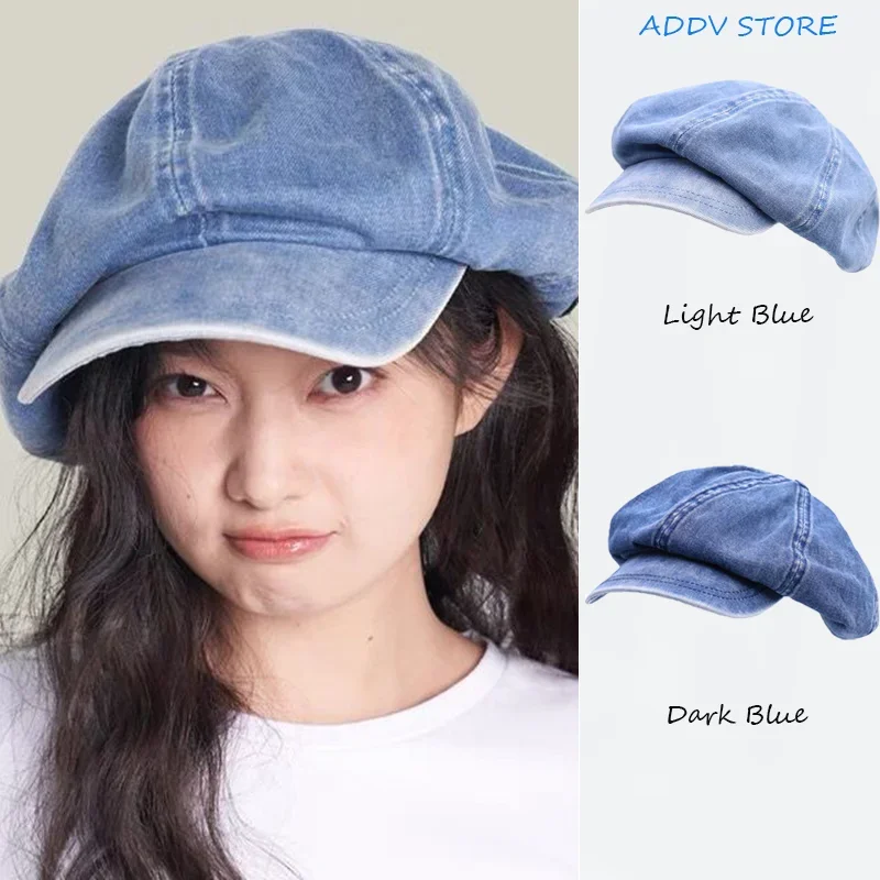 ผู้หญิงล้างเก่า DENIM Beret วรรณกรรม Big Head Cloud หมวกฤดูใบไม้ผลิและฤดูร้อน VINTAGE ญี่ปุ่น Newsboy หมวก