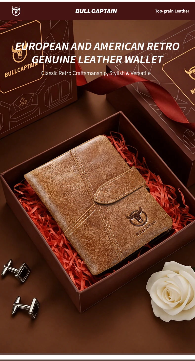 BULLCAPTAIN Echtleder Herren-Geldbörse RFID-Blockierung Vintage Bifold Kurze Geldbörse Rindsleder Kreditkartenhalter mit Münzfach – Detail 6