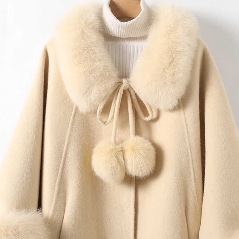 

Fur Collar Double-Faced Woolen Coat Loose Fit Ele Small Size eep Wool Outerwear Cotee Sle Women's Jaet