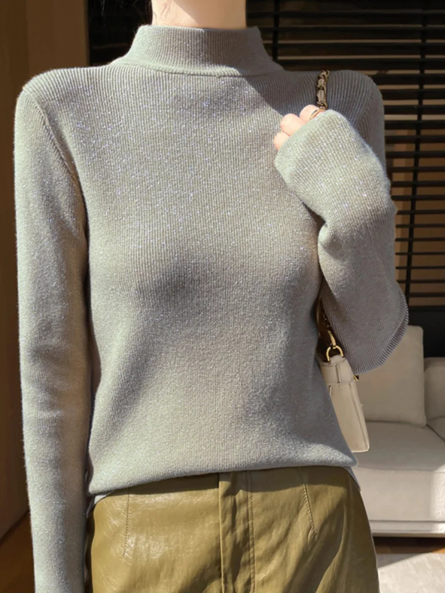 inje soie scintillante Faionable col semi-haut Base pour femmes irt vêtements intérieurs pull tricoté à la mode manteau assorti automne W...