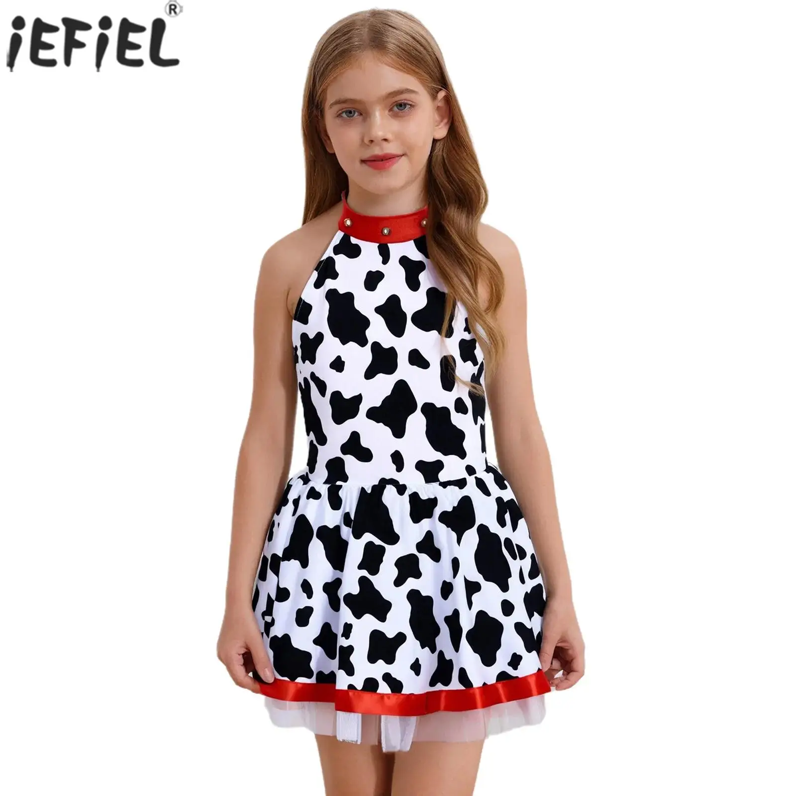 

Girls Dalmatian Costume Kids Halloween School Party Cosplay Dress Up Sleeveless Printed Mesh Dress Leotard with Bells Bow Tail