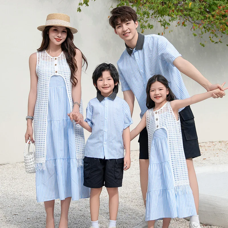 

Vacation Couple Look Mom Daughter Resort Sling Dress Lace Long Vest Two Piece Sets Dad Son Shirts Beach Family Matching Clothes