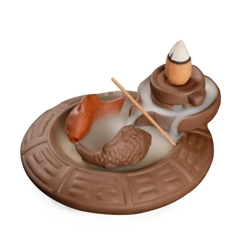 Queimador de incenso de refluxo de peixe para incenso de cone cerâmica cascalhos da sorte decorações para casa queimador de incensário para varas de incenso