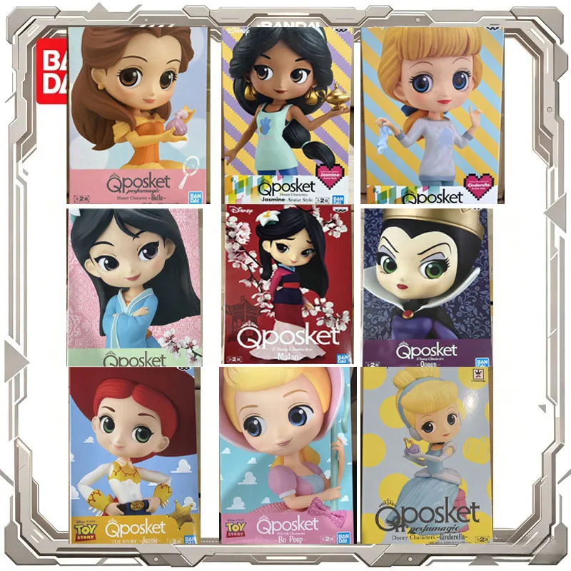 Bandai Qposket, figuras de acción de las princesas de Disney: Blancanieves, Alicia, Cindy, Belle, Jazmín, Sofía y Tinker Bell. Juguetes para niños y niñas, ideal como regalo.
