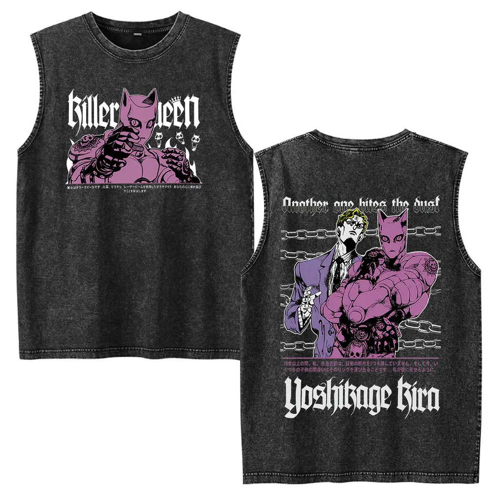 Anime Jojo Bizarre Adventure Kira Yoshikage Killer Queen Vintage Washed Tank Tops Men's Women Clothing Sleeveless Vest T-shirts